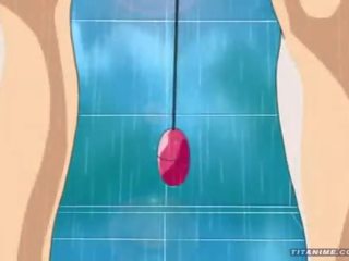 Pleasant little Anime cat mistress with outstanding titties plays with a vibrator in the shower and sucks Big prick